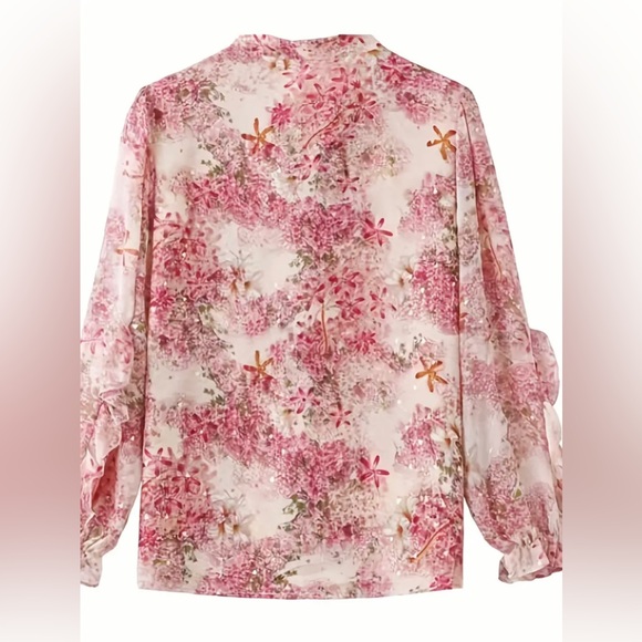 Floral Print Ruffle Trim Blouse, Elegant Tie Neck Long Sleeve Blouse - Picture 5 of 5